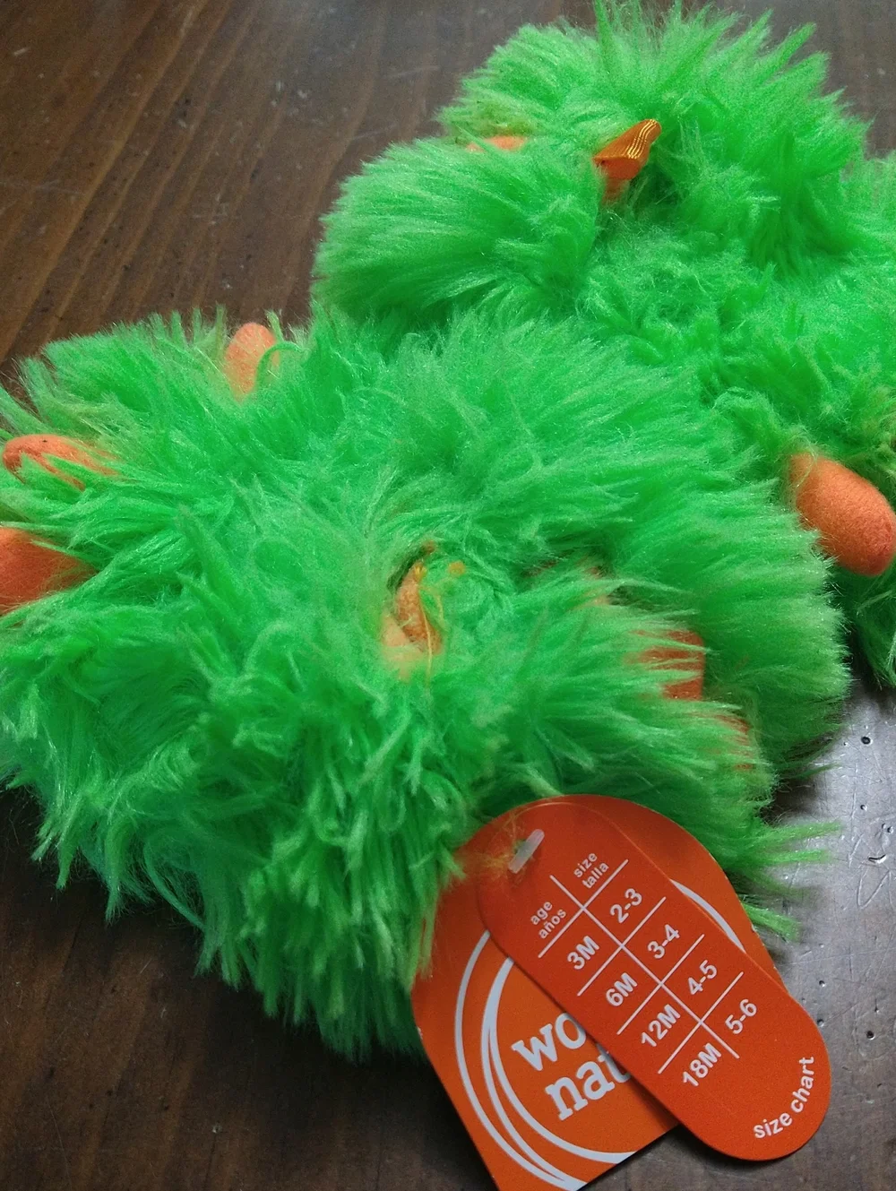 Wonder Nation Green Fuzzy Monster Slippers with Orange Accents
